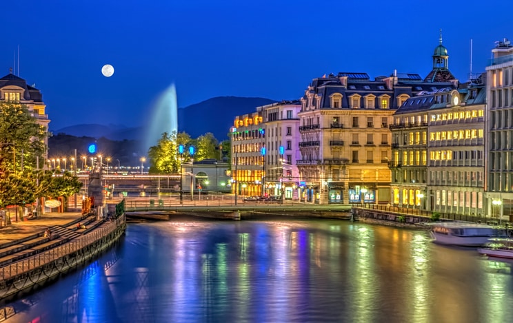 Urban view with famous fountain, Geneva, Switzerland, HDR