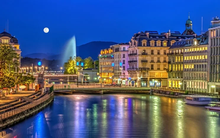 Urban view with famous fountain, Geneva, Switzerland, HDR